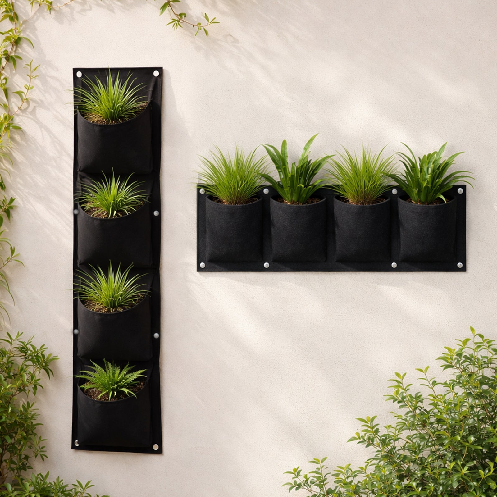 Respect Black 4 Pocket Horizontal Flexi Fabric Grow Bag – 4-pocket horizontal fabric wall planter for herb and vegetable gardens