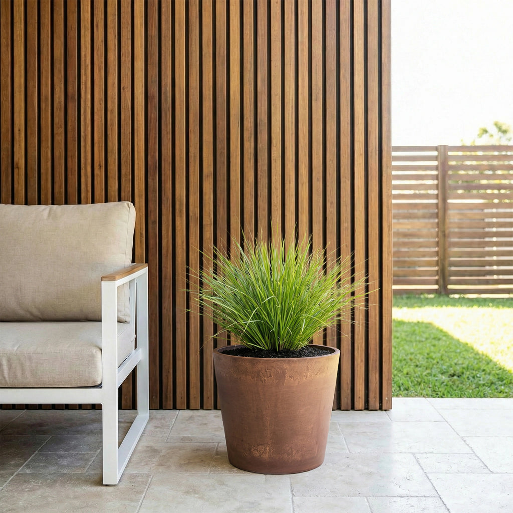 Respect Brown 30cm Terracotta Green Earth Lightweight Tapered Cylinder Planter – eco terracotta-look tapered cylinder pot for outdoor gardens