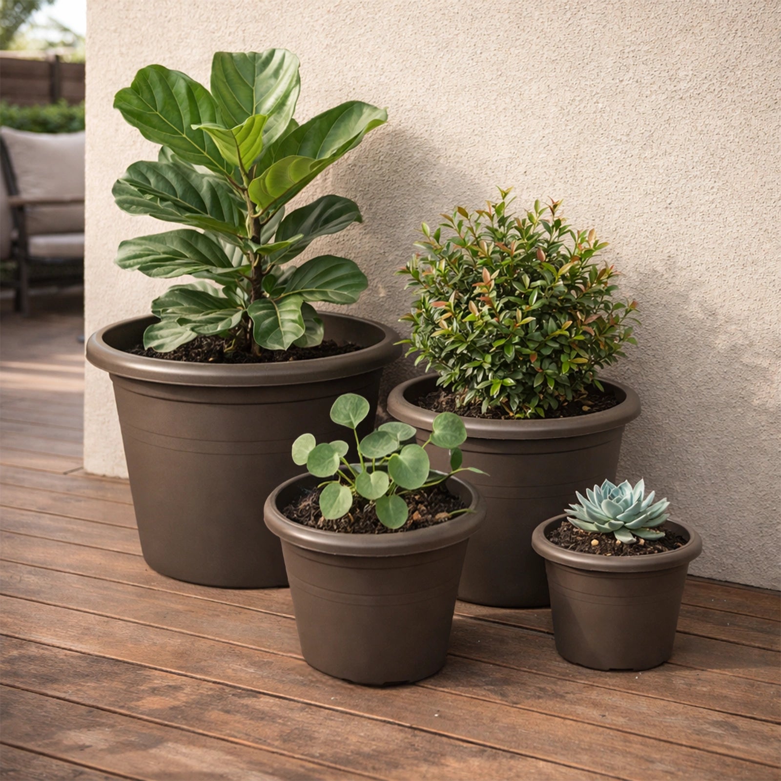 Respect Brown 40cm Cylinda Planter – large brown cylinder plastic garden planter for patio and outdoor spaces