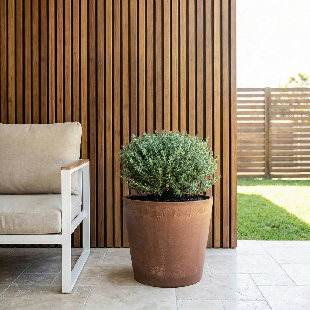 Respect Brown 40cm Terracotta Green Earth Lightweight Tapered Cylinder Planter – large eco terracotta-look tapered cylinder outdoor planter