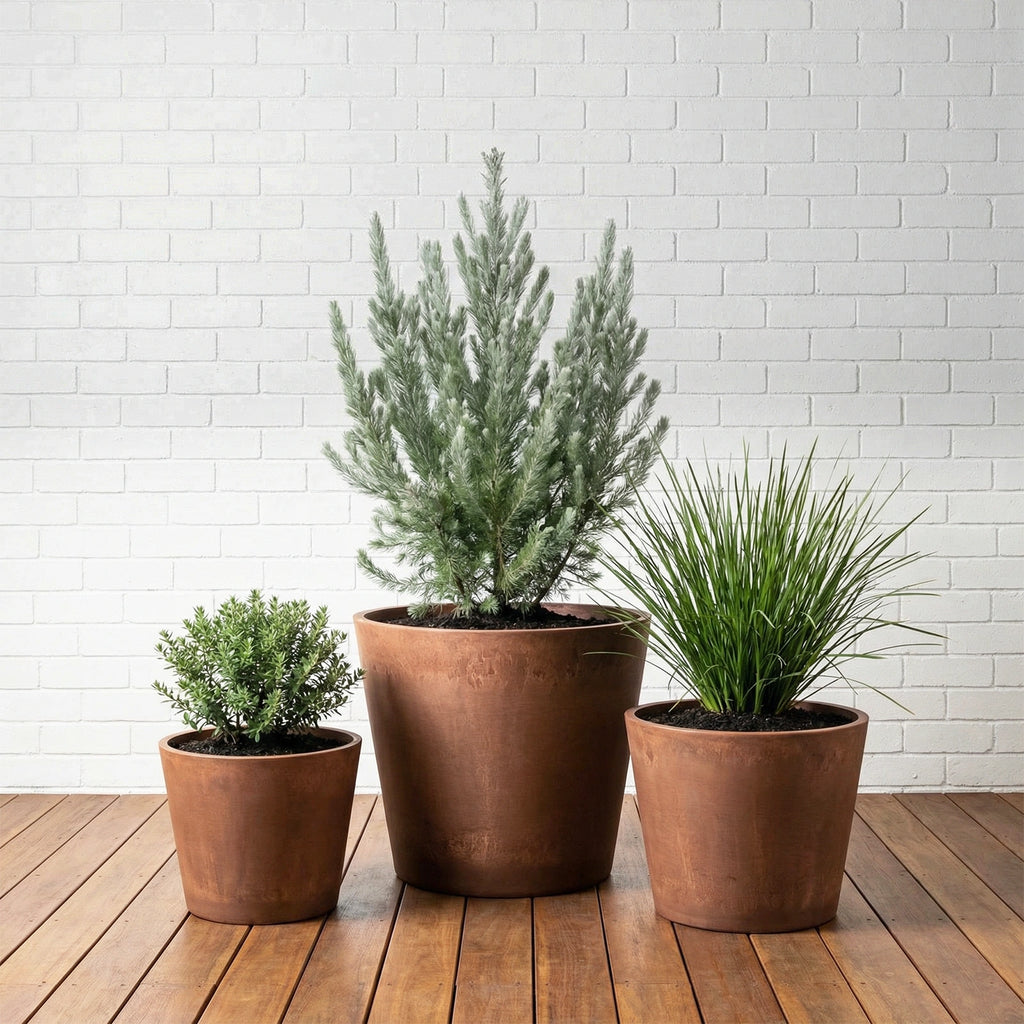Respect Brown 40cm Terracotta Green Earth Lightweight Tapered Cylinder Planter – large eco terracotta-look tapered cylinder outdoor planter