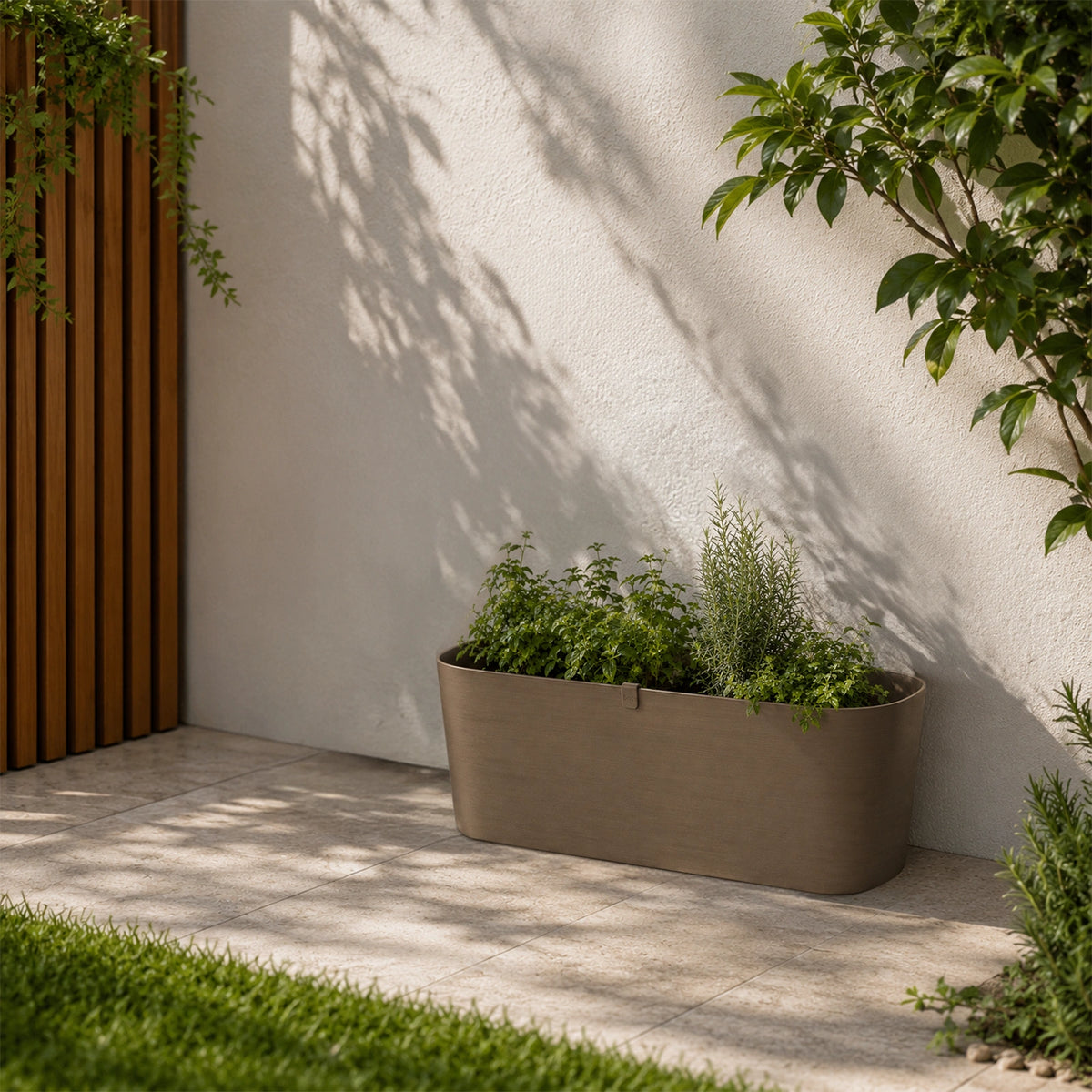 Respect Brown 50cm Lightweight Plastic Florence Trough – Brown plastic trough planter for outdoor planting
