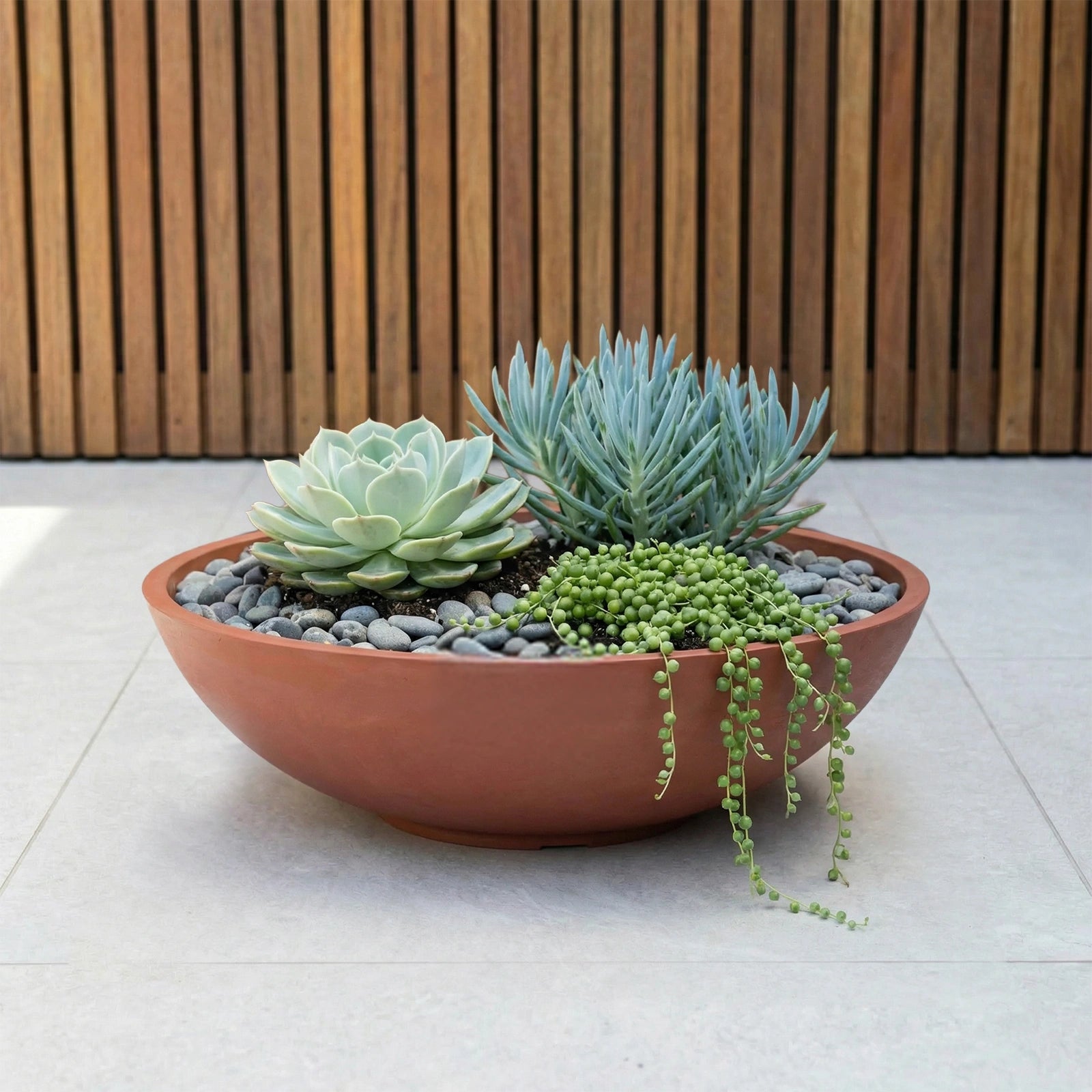Respect Brown 60cm Terracotta Green Earth Lightweight Plastic Tapered Low Bowl Planter