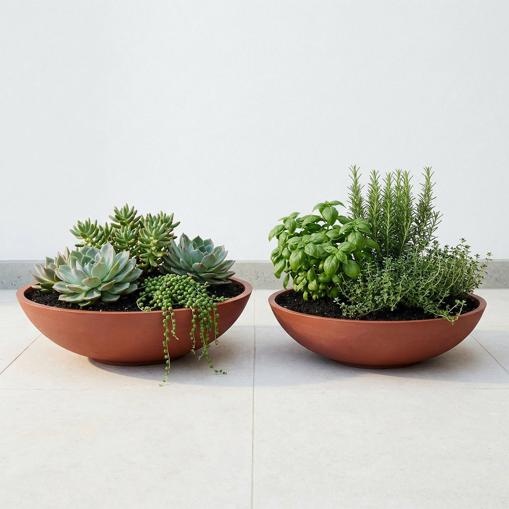 Respect Brown 70cm Terracotta Green Earth Lightweight Tapered Low Bowl Planter – extra large eco terracotta tapered low bowl garden planter