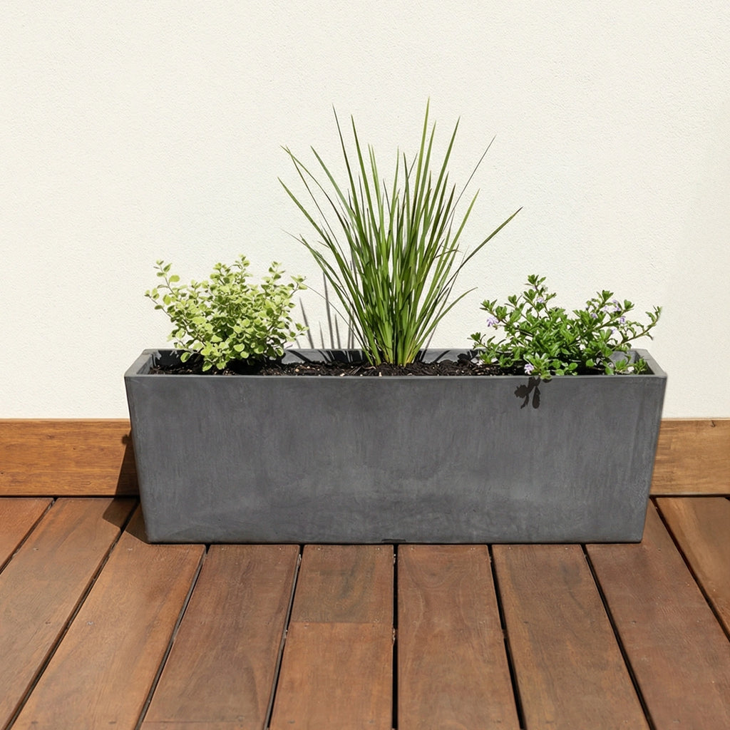 Respect Dark Grey 65cm Green Earth Trough – large eco dark grey recycled plastic trough for outdoor balcony and patio gardens