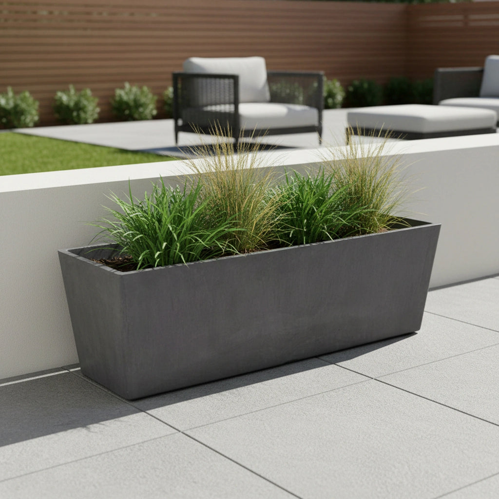 Respect Dark Grey 65cm Green Earth Trough – large eco dark grey recycled plastic trough for outdoor balcony and patio gardens