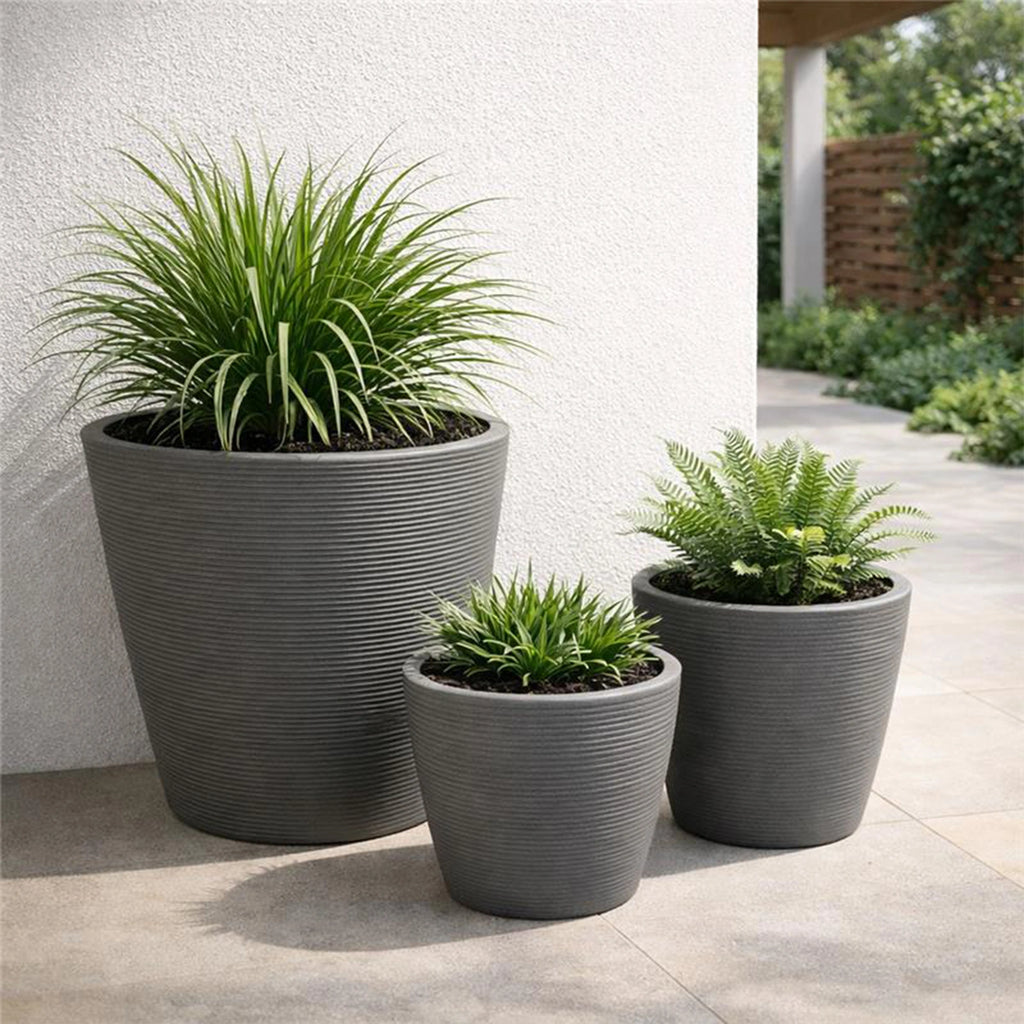 Respect Grey 30cm Green Earth Full Rim Planter – large eco-friendly grey recycled plastic planter for outdoor gardens