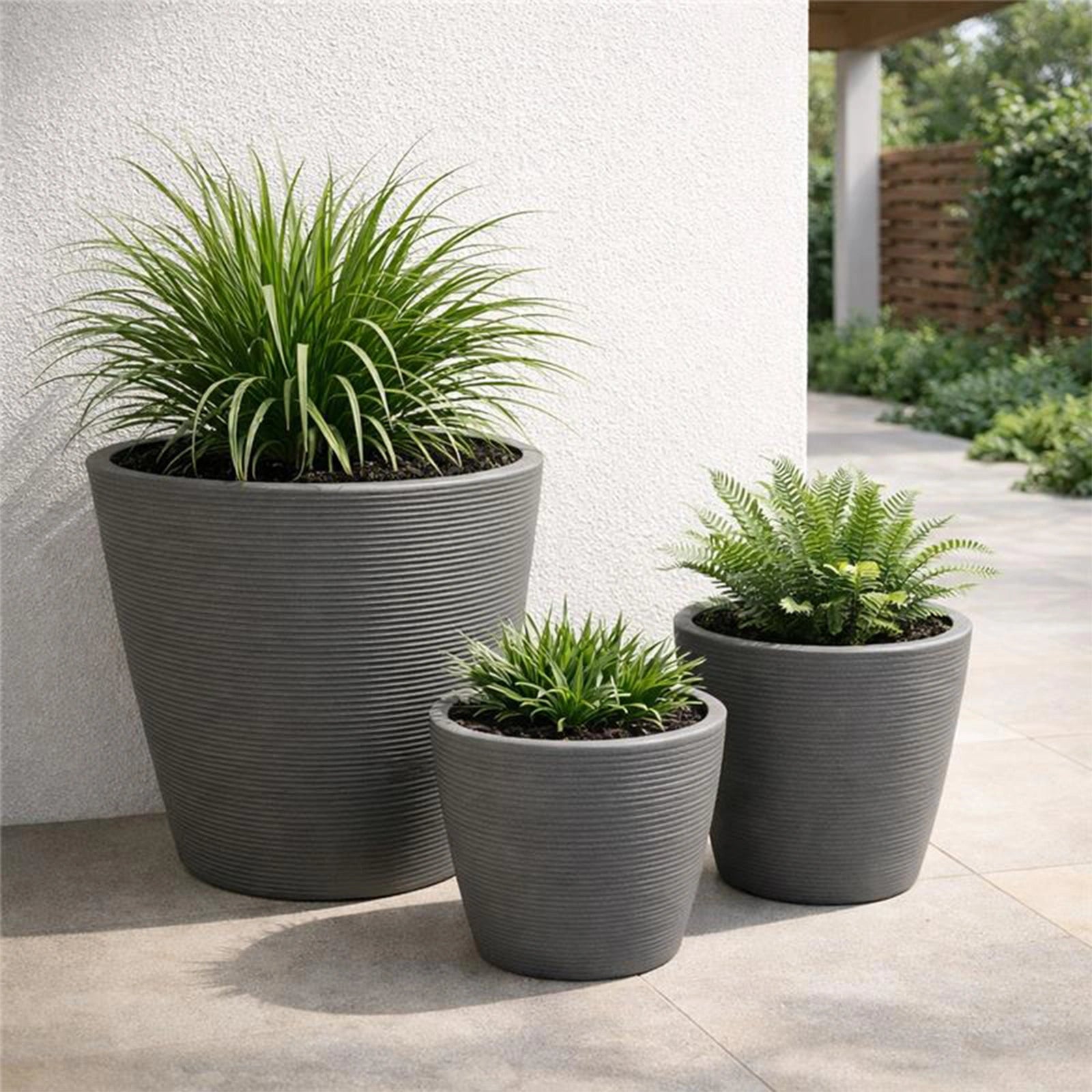 Respect Grey 30cm Green Earth Full Rim Planter – large eco-friendly grey recycled plastic planter for outdoor gardens