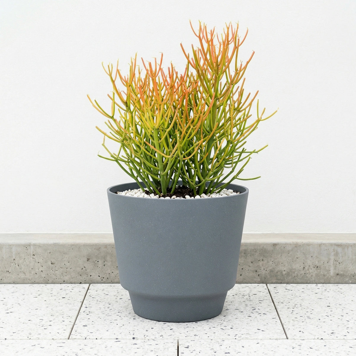 Respect Grey 30cm Round Calais Stone Look Self Watering Pot – medium grey stone-effect self watering outdoor pot