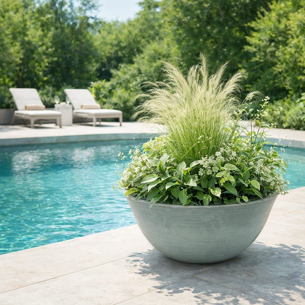 Respect Grey 51cm Green Earth Low Bowl Planter – extra large grey recycled plastic low bowl planter for outdoor spaces