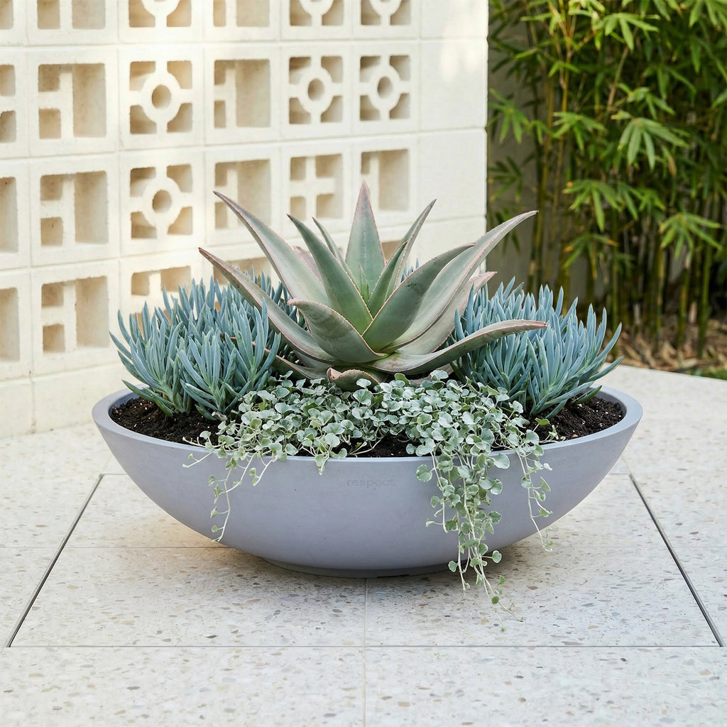 Respect Grey 60cm Green Earth Tapered Low Bowl Planter – large eco-friendly grey tapered low bowl planter for outdoor spaces