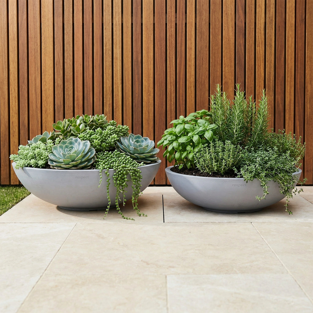 Respect Grey 60cm Green Earth Tapered Low Bowl Planter – large eco-friendly grey tapered low bowl planter for outdoor spaces