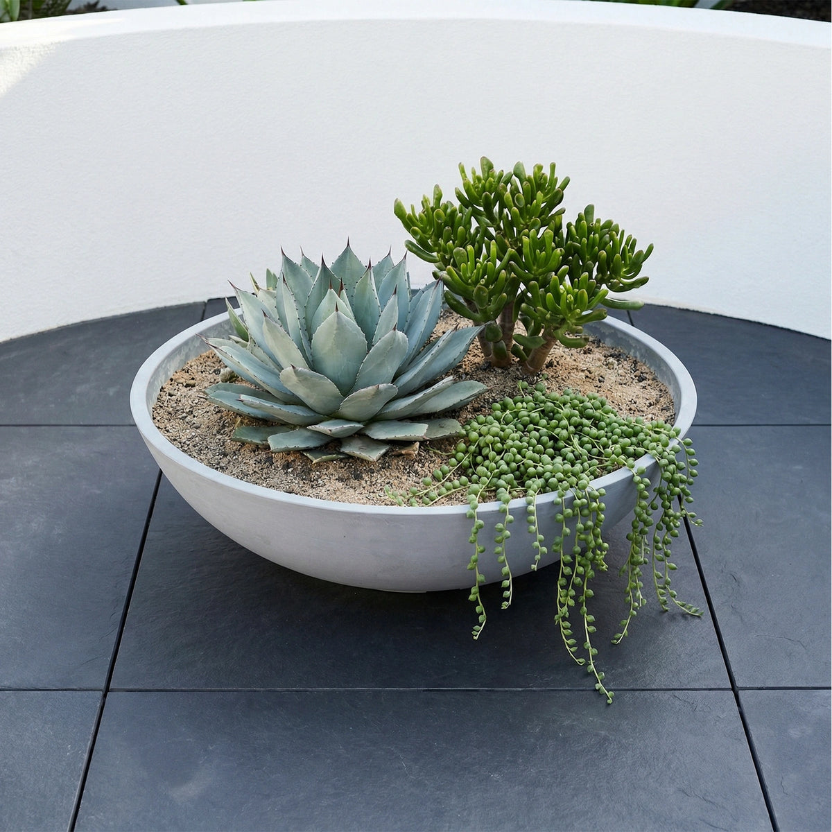 Respect Grey 70cm Green Earth Tapered Low Bowl Planter – extra large eco grey tapered low bowl planter for feature garden displays