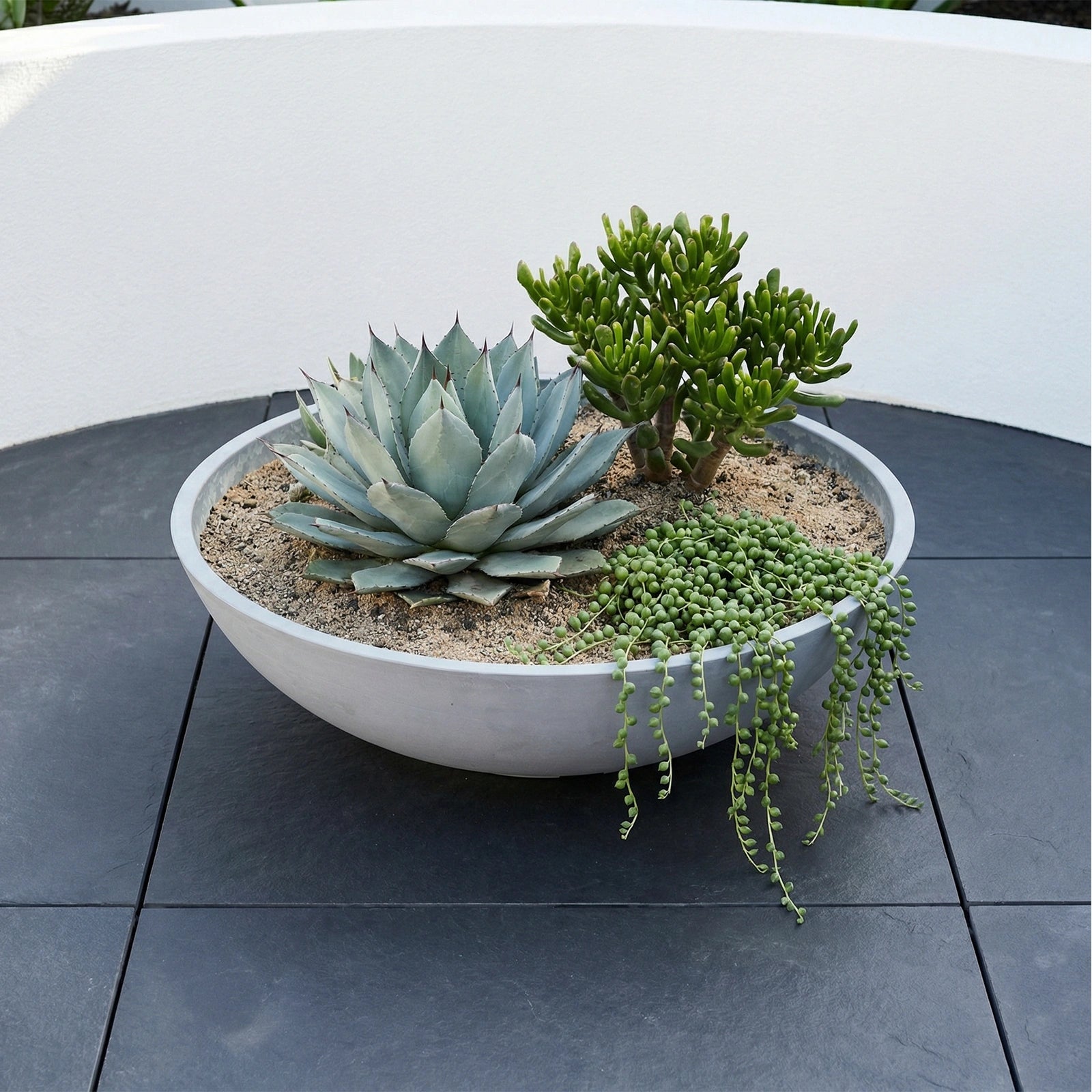 Respect Grey 70cm Green Earth Tapered Low Bowl Planter