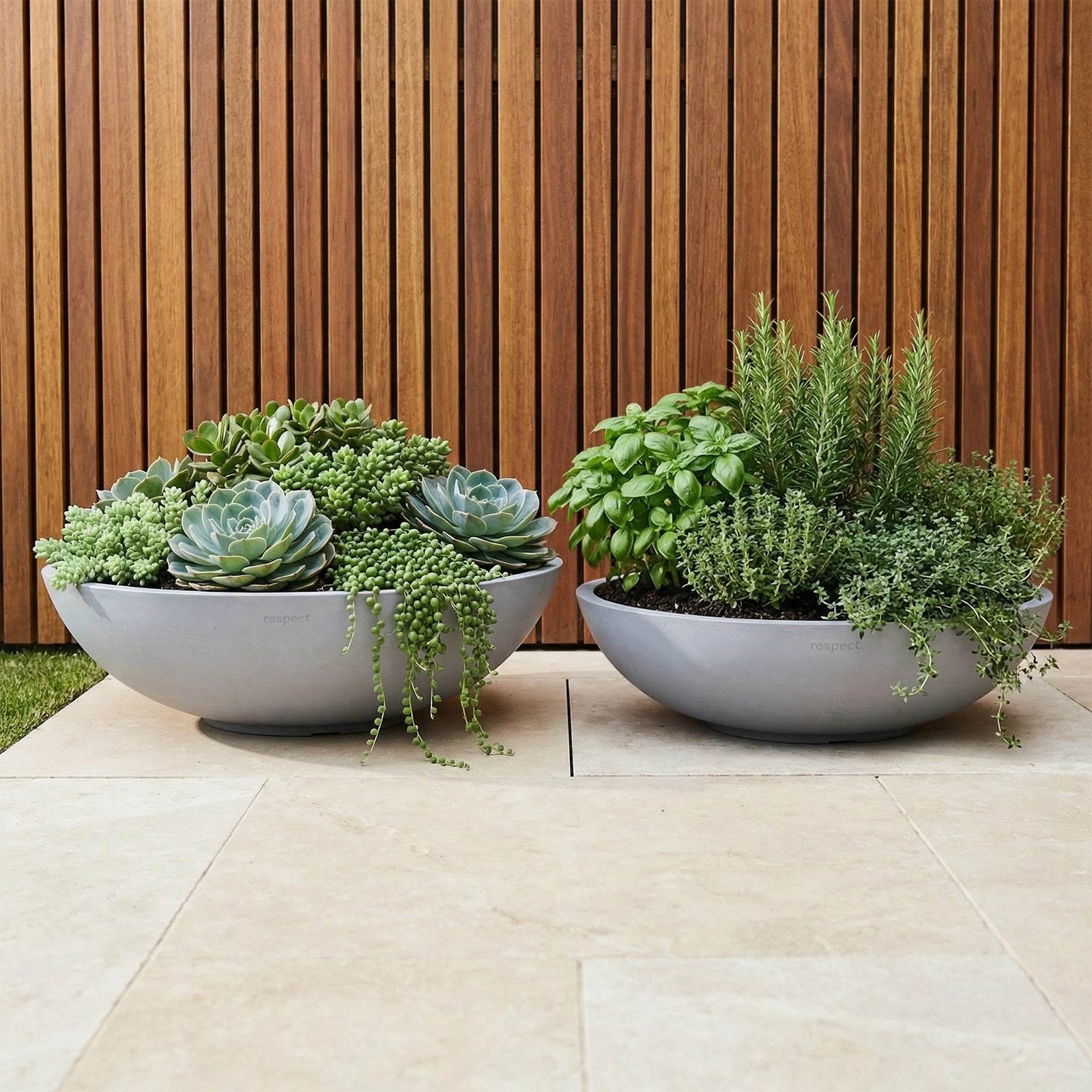 Respect Grey 70cm Green Earth Tapered Low Bowl Planter – extra large eco grey tapered low bowl planter for feature garden displays