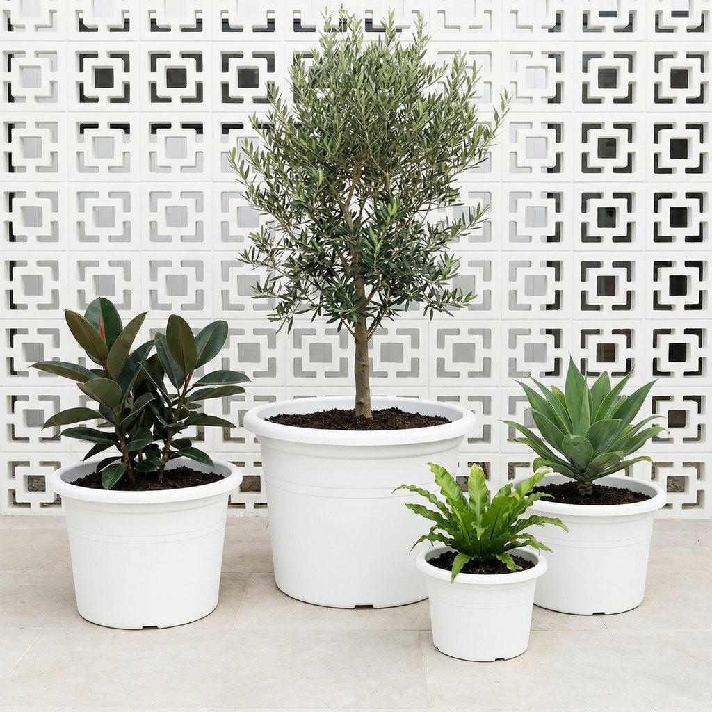 Respect White 50cm Cylinda Planter – extra large white plastic cylinder planter for outdoor garden feature planting