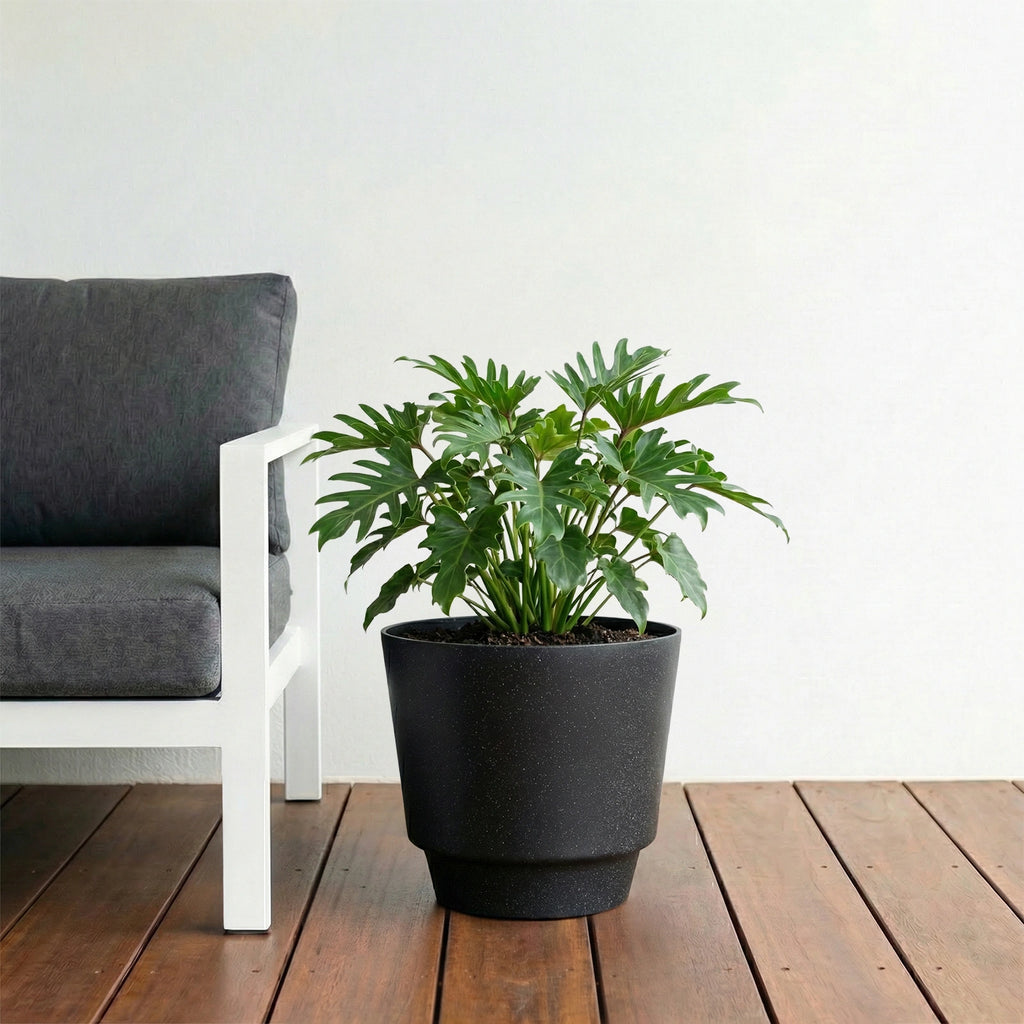 Respect Black 30cm Round Calais Stone Look Self Watering Pot – medium stone-effect self watering pot for patio plants