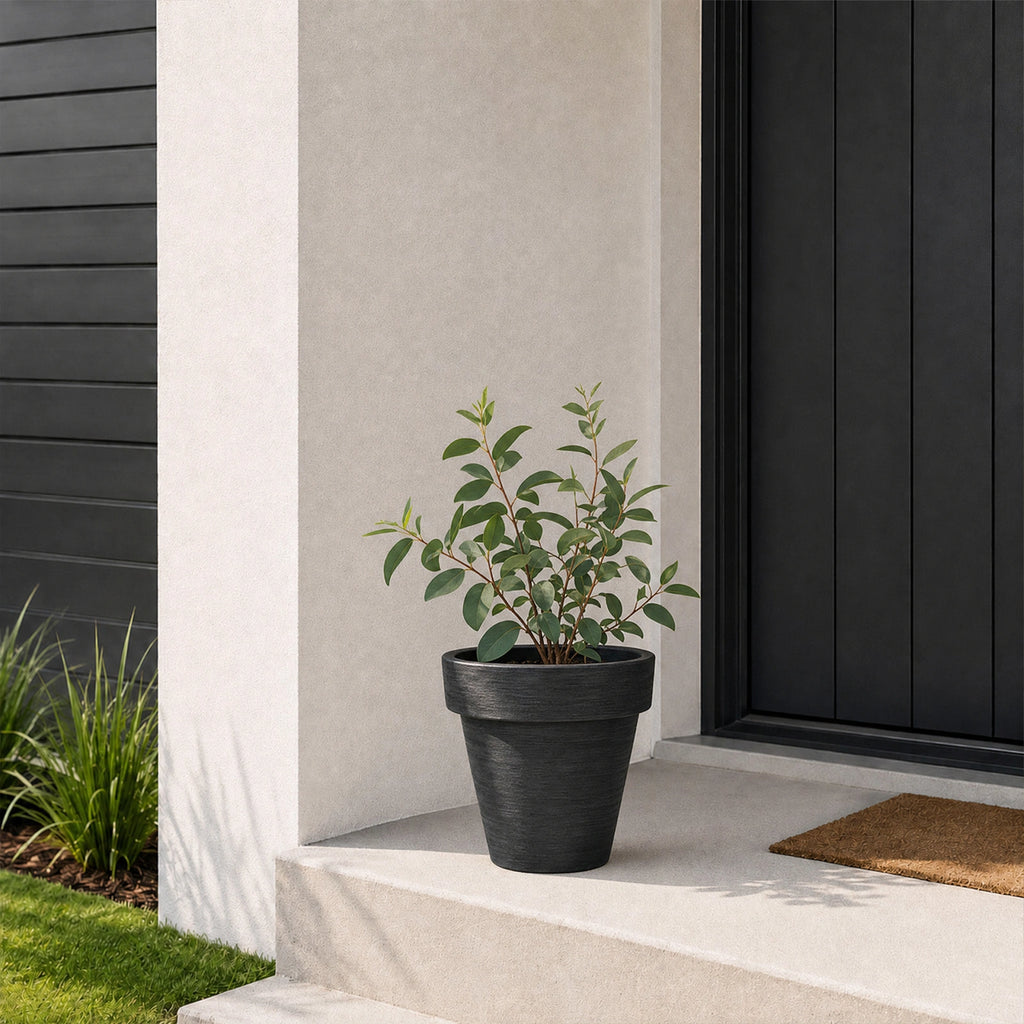 Respect Black 30cm Time Planter – modern black plastic pot for contemporary indoor and outdoor garden styling.