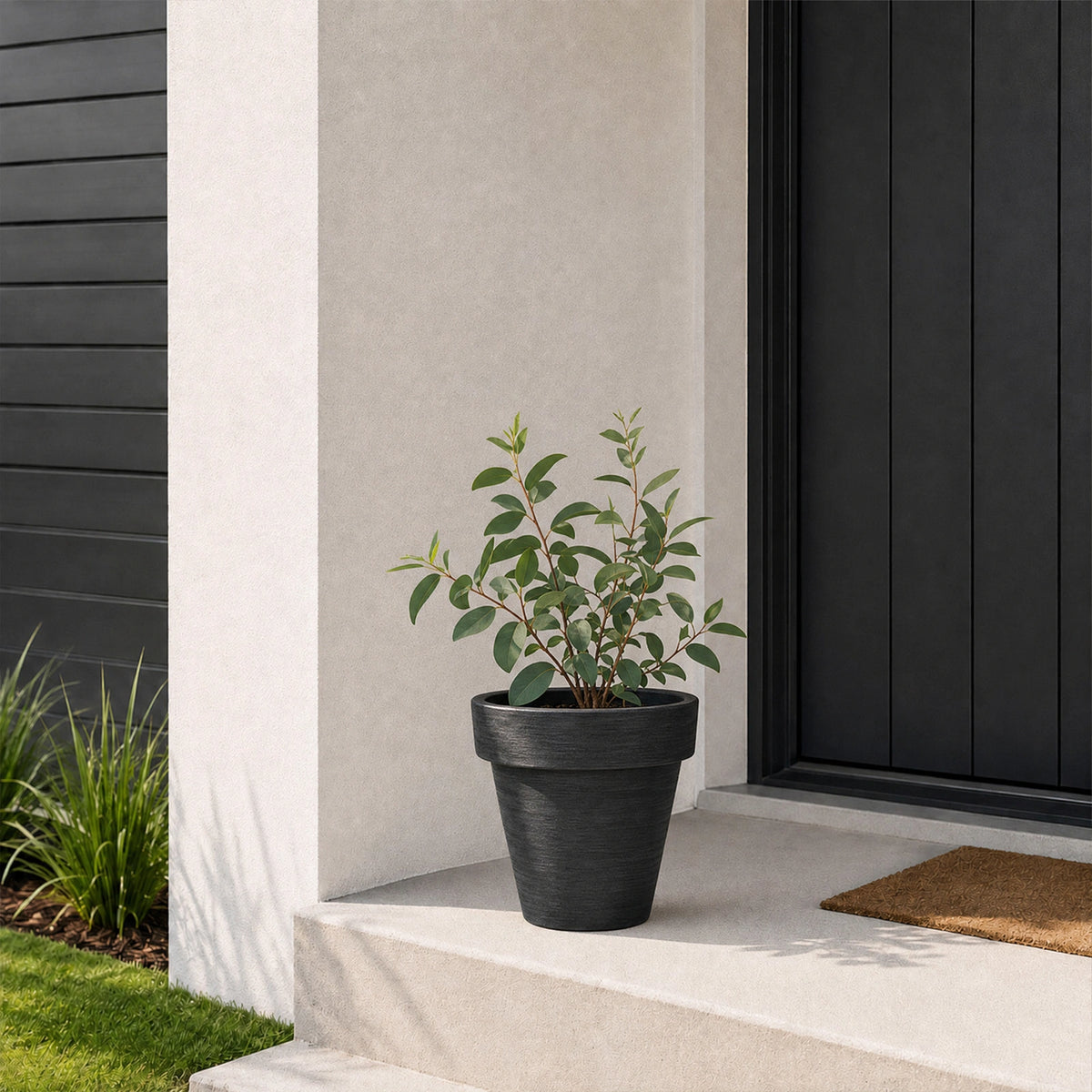 Respect Black 30cm Time Planter – modern black plastic pot for contemporary indoor and outdoor garden styling.