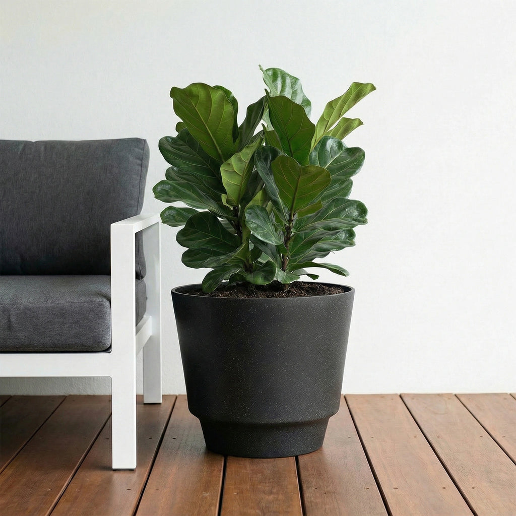 Respect Black 40cm Round Calais Stone Look Self Watering Pot – large stone-effect self watering outdoor planter pot