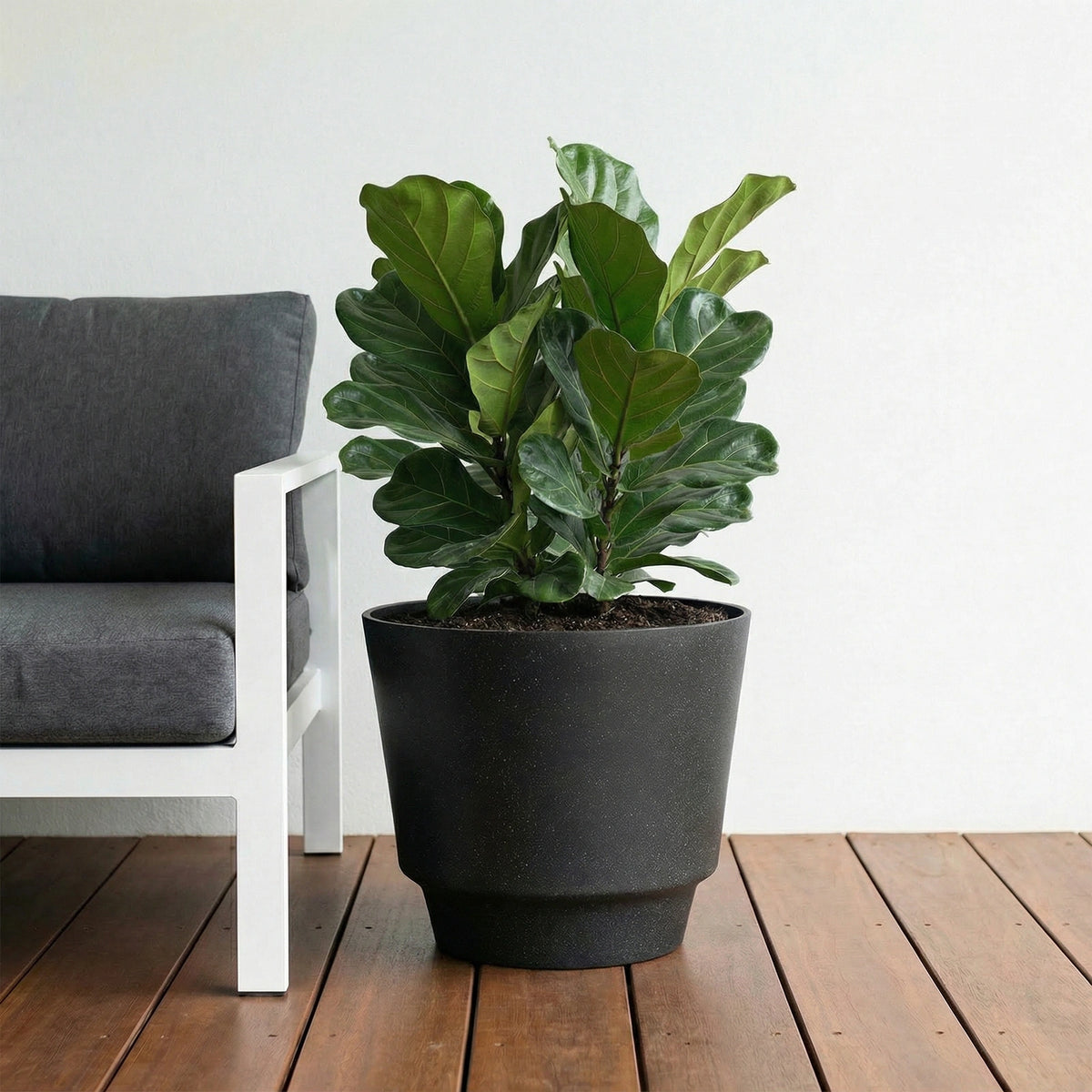 Respect Black 40cm Round Calais Stone Look Self Watering Pot – large stone-effect self watering outdoor planter pot