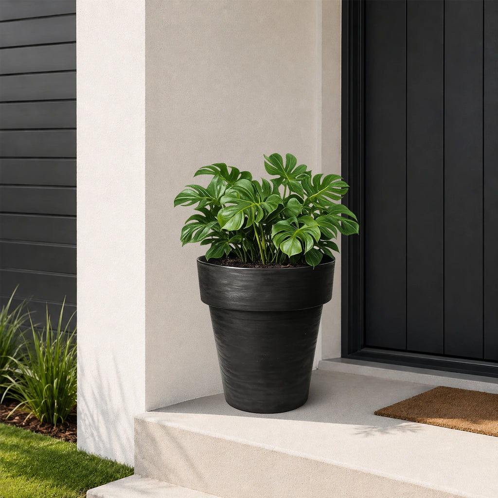 Respect Black 40cm Time Planter with Wheels – large black moveable plastic planter with wheels for patio and balcony.