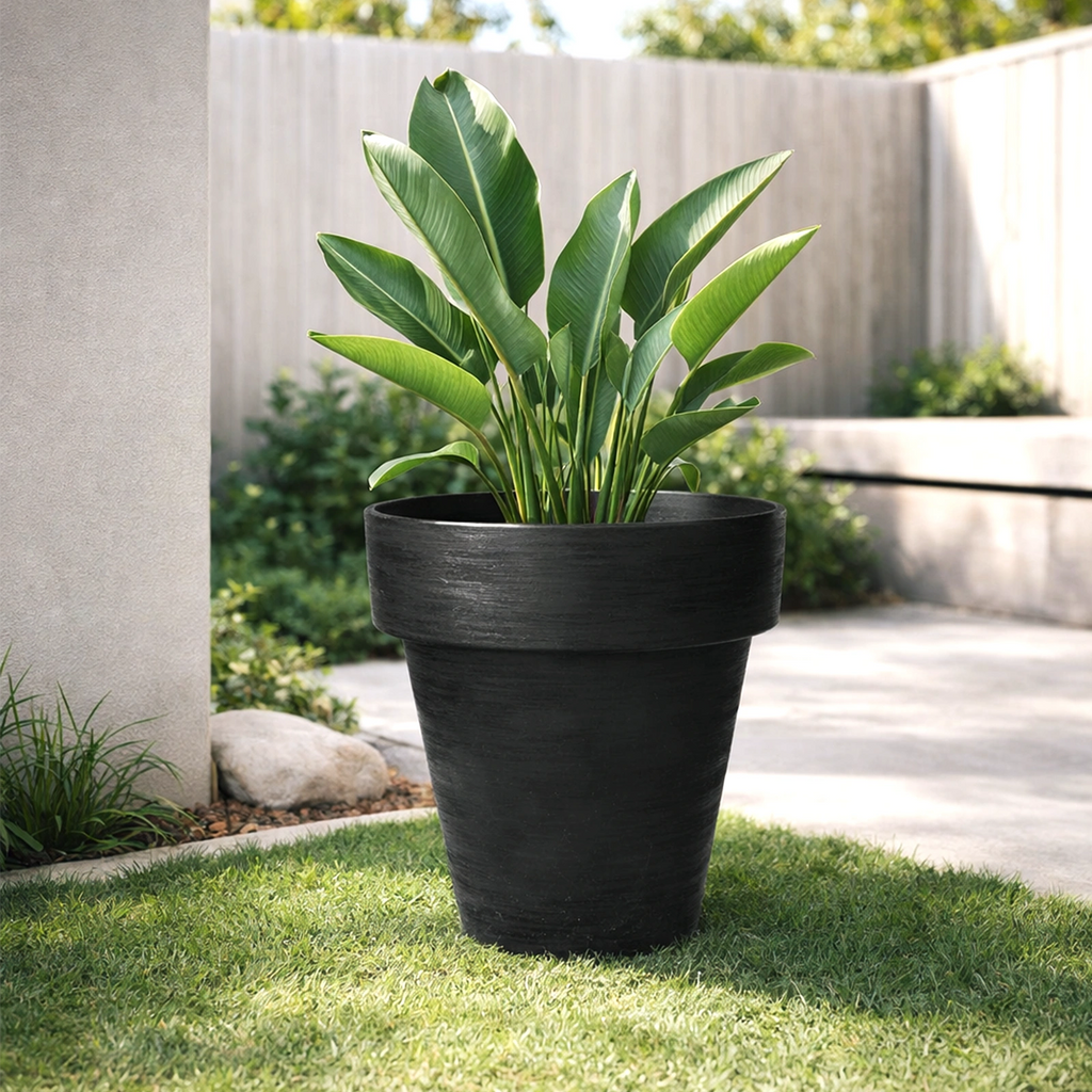 Respect Black 40cm Time Planter with Wheels – large black moveable plastic planter with wheels for patio and balcony.