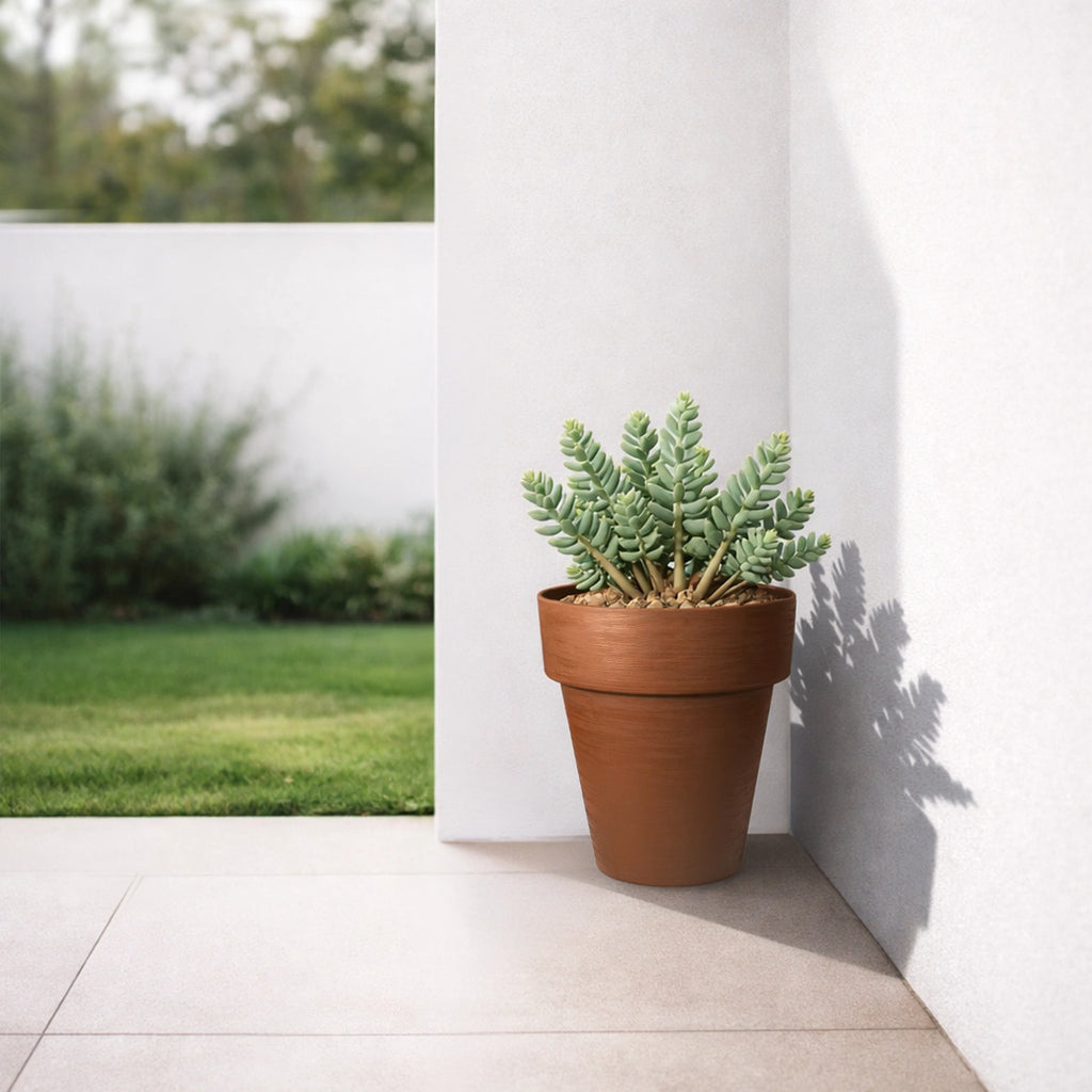 Respect Brown 30cm Terracotta Time Planter with Wheels – moveable terracotta-look plastic planter on wheels for patios.