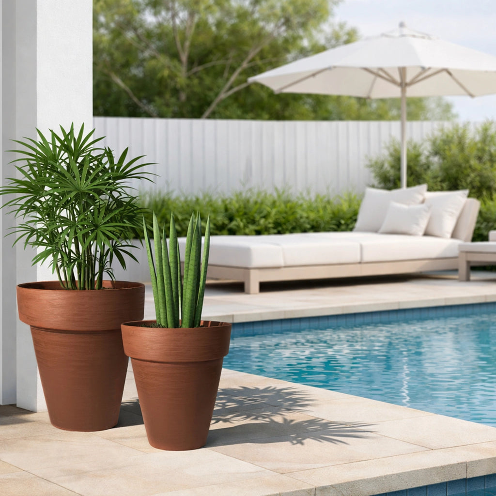 Respect Brown 30cm Terracotta Time Planter with Wheels – moveable terracotta-look plastic planter on wheels for patios.