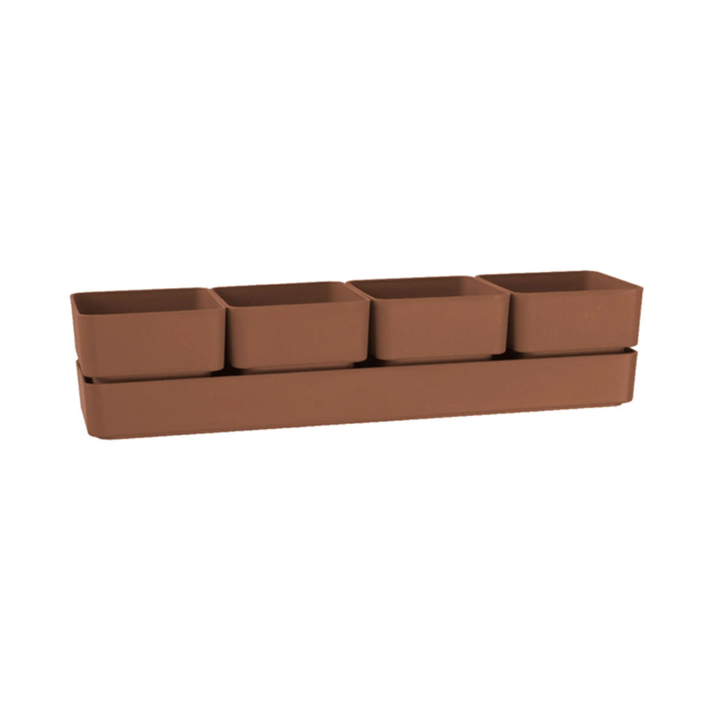 Respect Brown 38cm Terracotta Quad Square Planter with Saucer – terracotta-look square planter with matching saucer for patio plants.