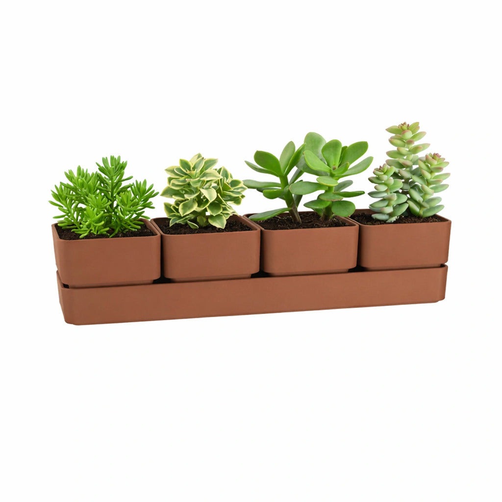 Respect Brown 38cm Terracotta Quad Square Planter with Saucer – terracotta-look square planter with matching saucer for patio plants.