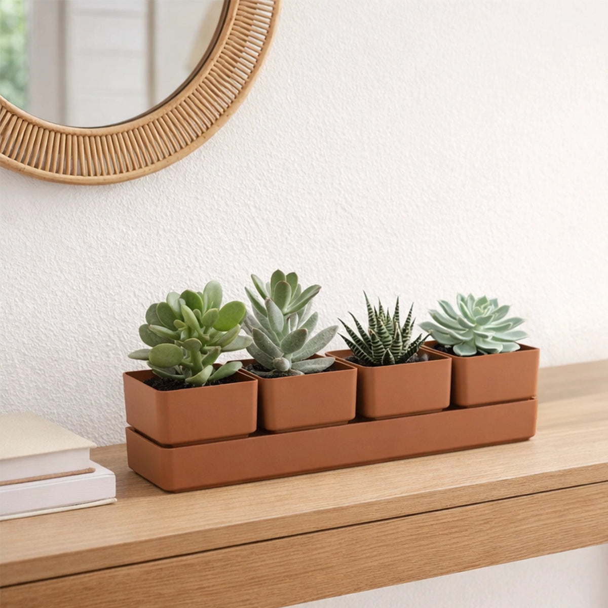 Respect Brown 38cm Terracotta Quad Square Planter with Saucer – terracotta-look square planter with matching saucer for patio plants