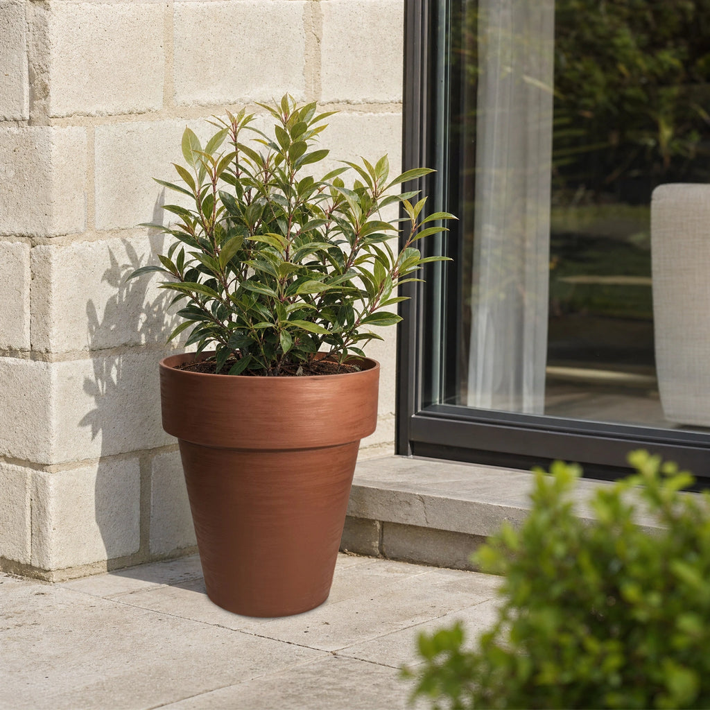 Respect Brown 40cm Terracotta Time Planter with Wheels – large terracotta-look plastic garden planter on wheels.