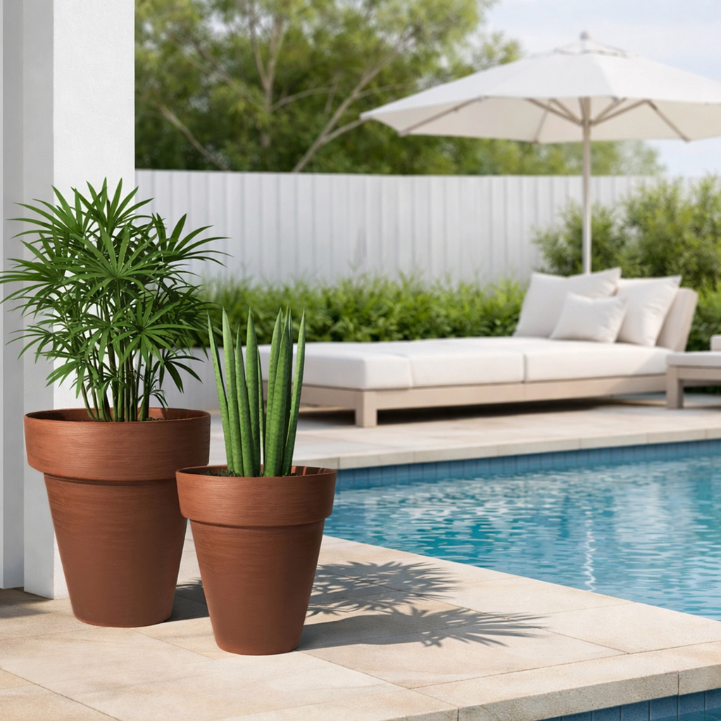 Respect Brown 40cm Terracotta Time Planter with Wheels – large terracotta-look plastic garden planter on wheels.