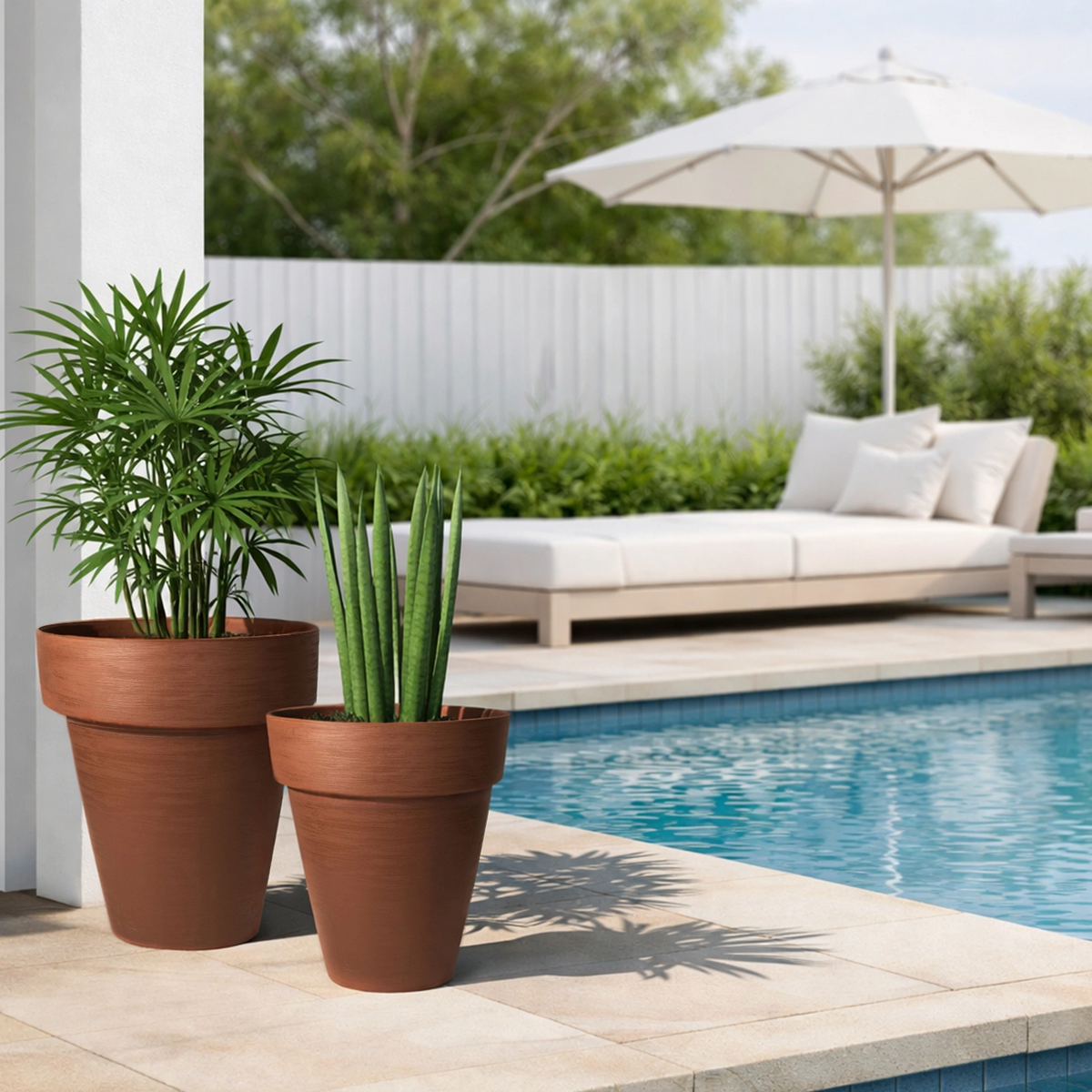 Respect Brown 40cm Terracotta Time Planter with Wheels – large terracotta-look plastic garden planter on wheels.