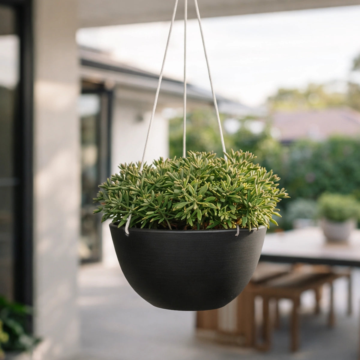 Respect Charcoal 31cm Green Earth Hanging Planter – lightweight recycled plastic hanging basket for outdoor plants and flowers.