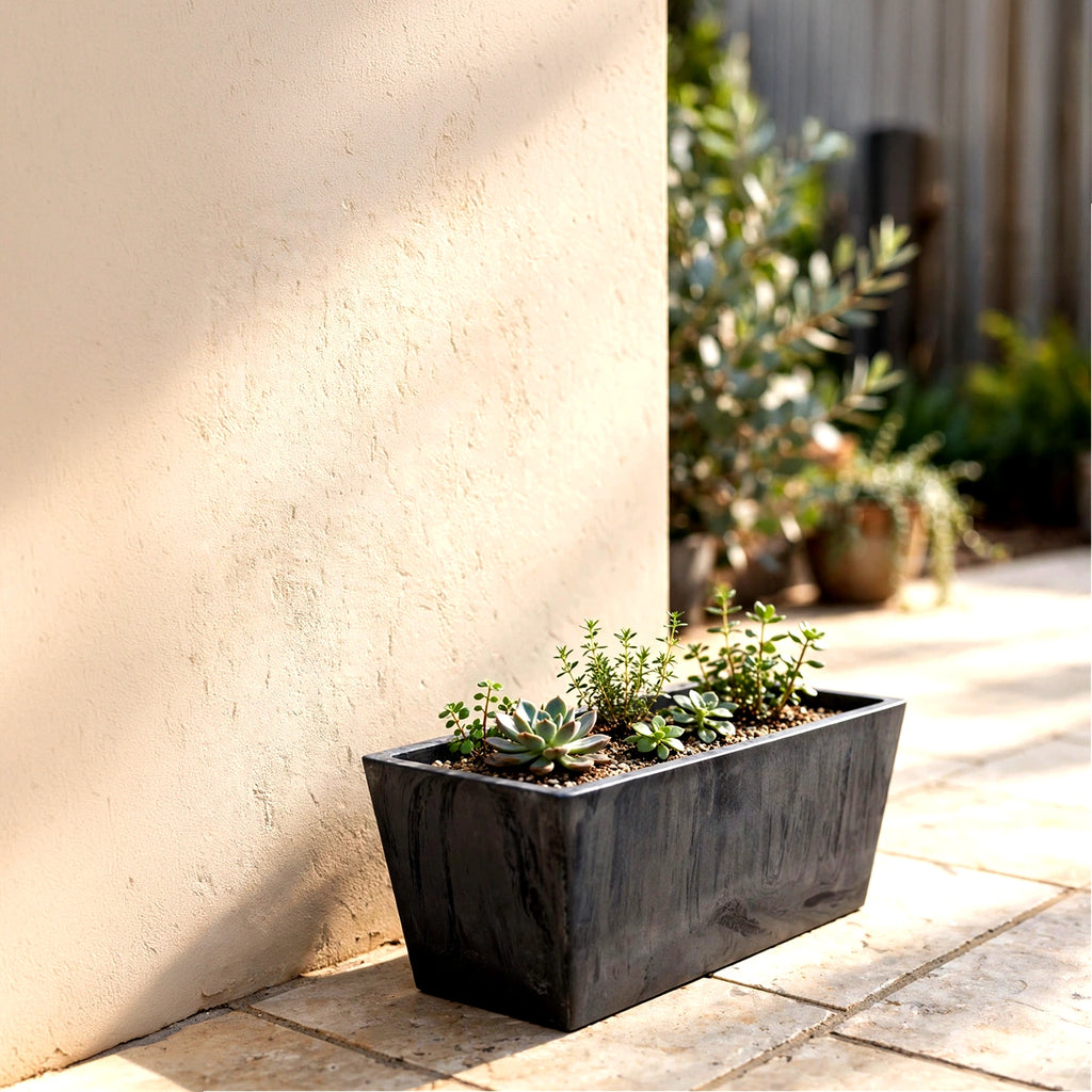 Respect Charcoal 35cm Green Earth Trough Planter – recycled charcoal plastic window trough for outdoor herb and flower gardens.