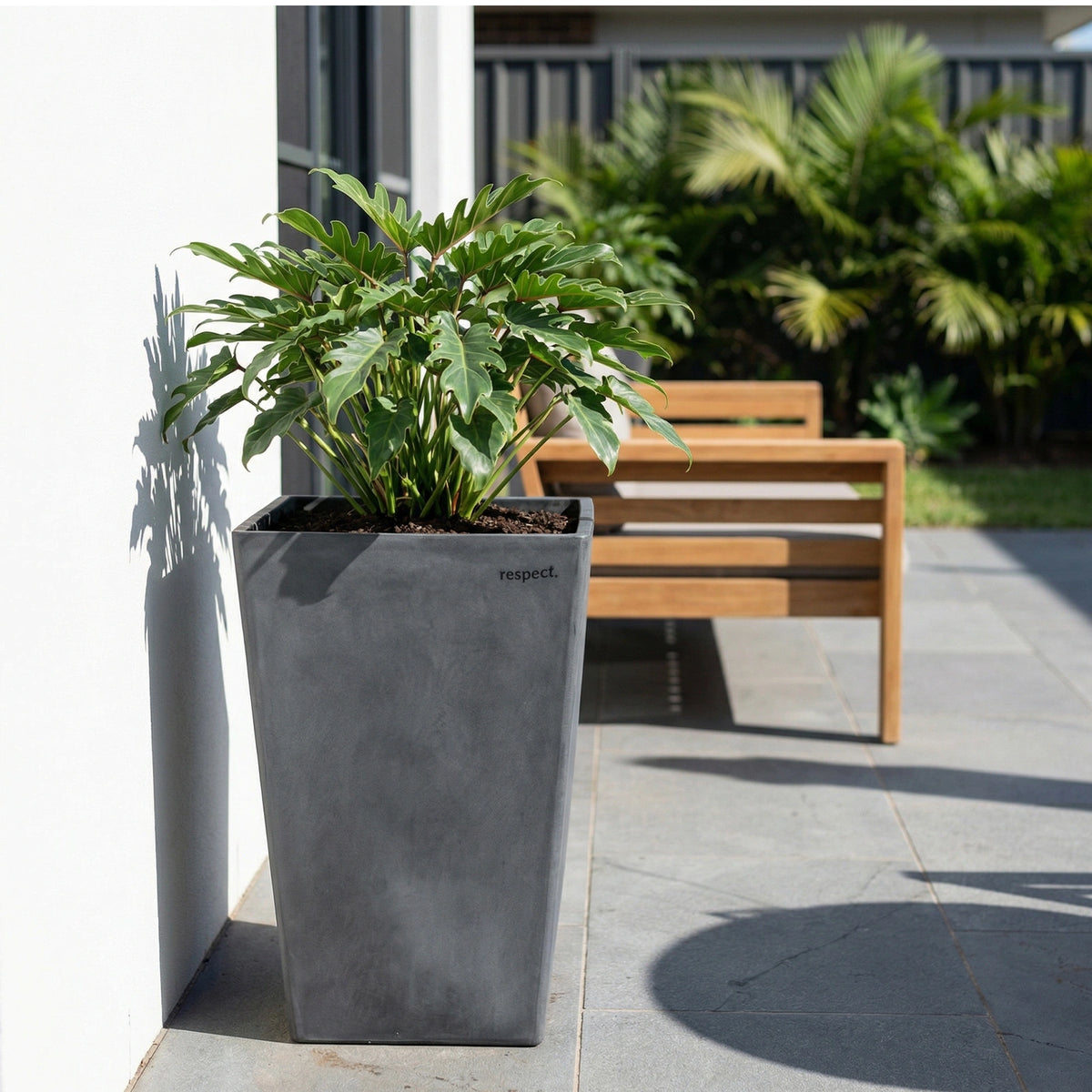 Respect Dark Grey 50cm Green Earth Tall Square Planter – eco-friendly dark grey tall square outdoor planter for modern gardens.