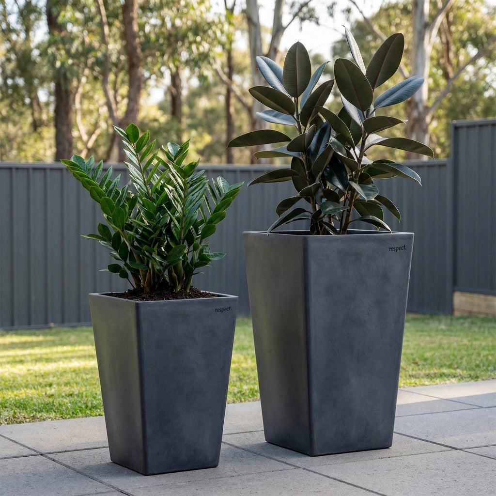 Respect Dark Grey 50cm Green Earth Tall Square Planter – eco-friendly dark grey tall square outdoor planter for modern gardens.