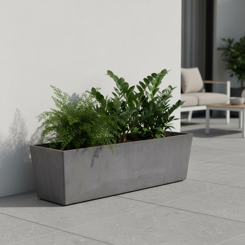 Respect Dark Grey 55cm Green Earth Trough – eco-friendly dark grey plastic trough planter for outdoor herb and flower gardens.