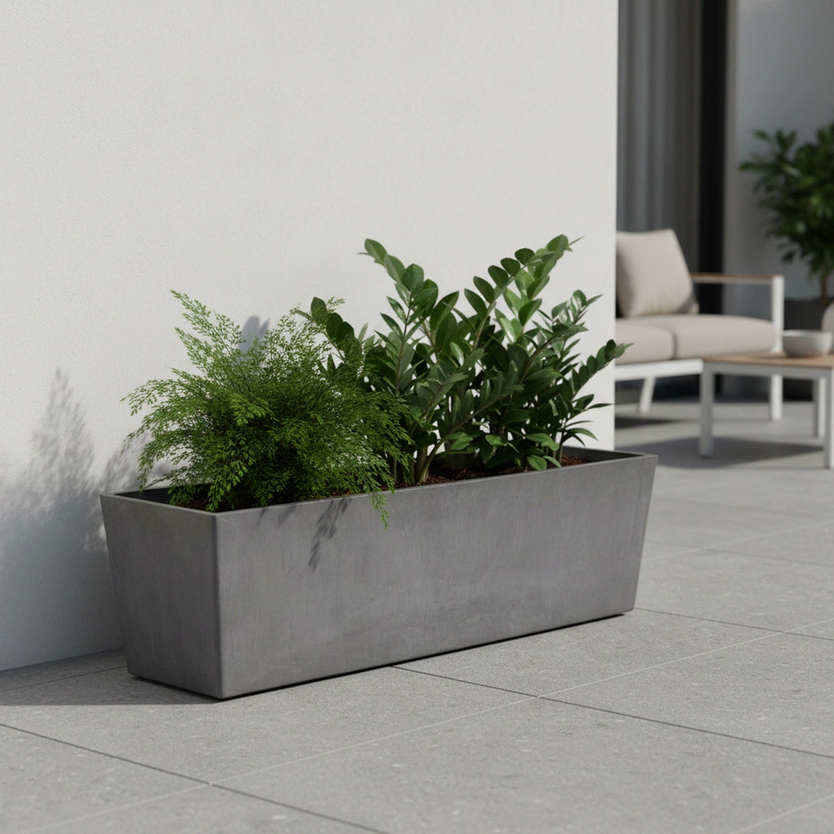 Respect Dark Grey 55cm Green Earth Trough – eco-friendly dark grey plastic trough planter for outdoor herb and flower gardens.