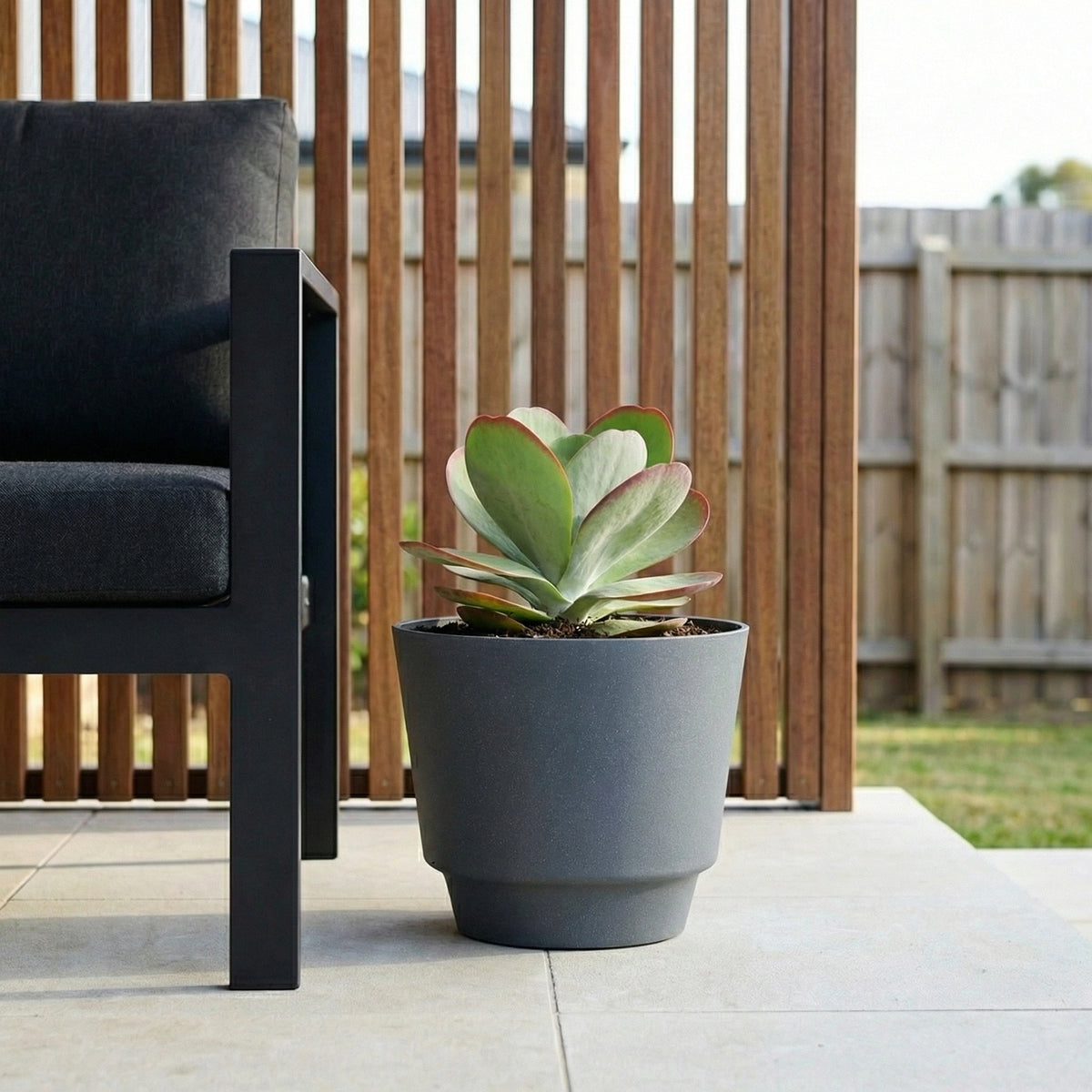 Respect Grey 20cm Round Calais Stone Look Self Watering Pot – grey stone-effect self watering pot for indoor plants