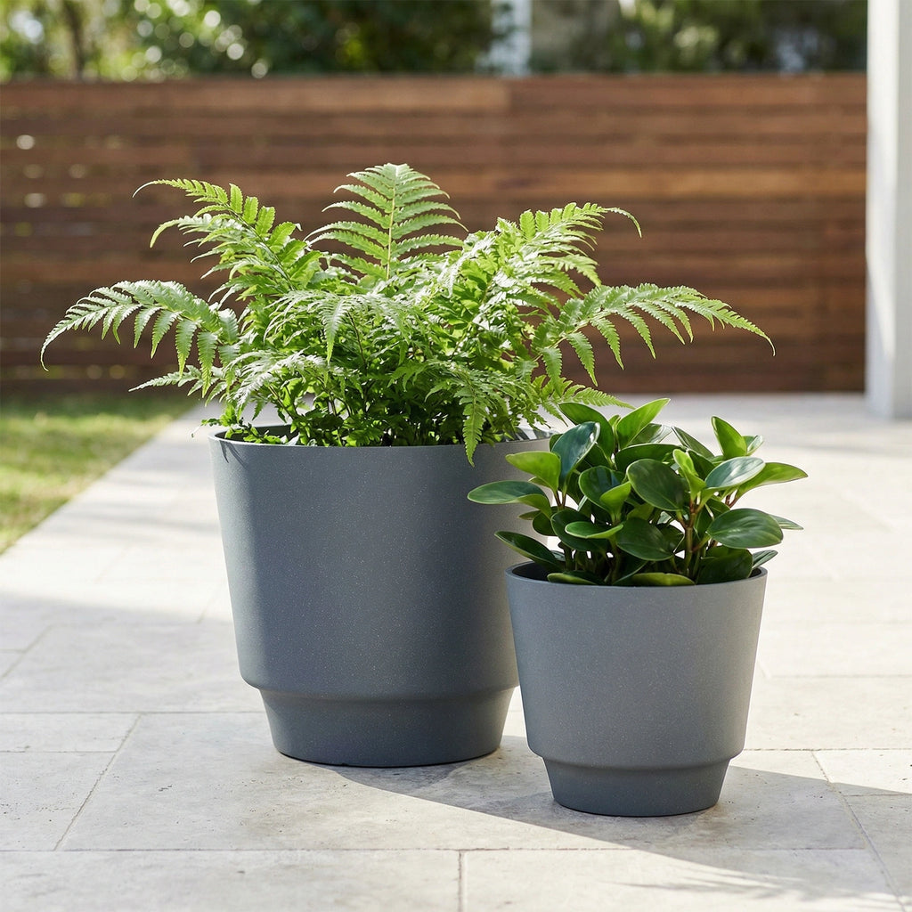 Respect Grey 20cm Round Calais Stone Look Self Watering Pot – grey stone-effect self watering pot for indoor plants