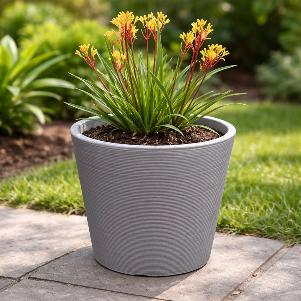 Respect Grey 30cm Green Earth Full Rim Planter – large eco-friendly grey recycled plastic planter for outdoor gardens.