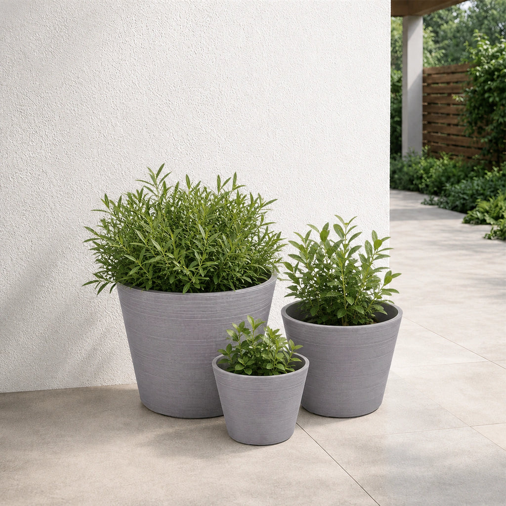 Respect Grey 30cm Green Earth Full Rim Planter – large eco-friendly grey recycled plastic planter for outdoor gardens.