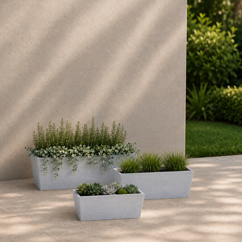 Respect Grey 35cm Green Earth Trough Planter – eco-friendly grey recycled plastic trough planter for outdoor gardens.