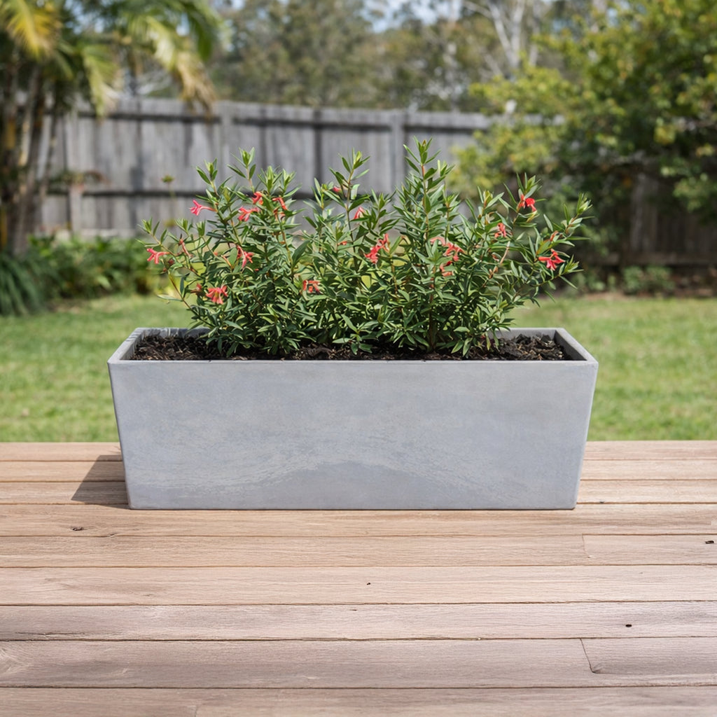 Respect Grey 45cm Green Earth Trough Planter – large grey recycled plastic trough planter for balcony and patio gardens.