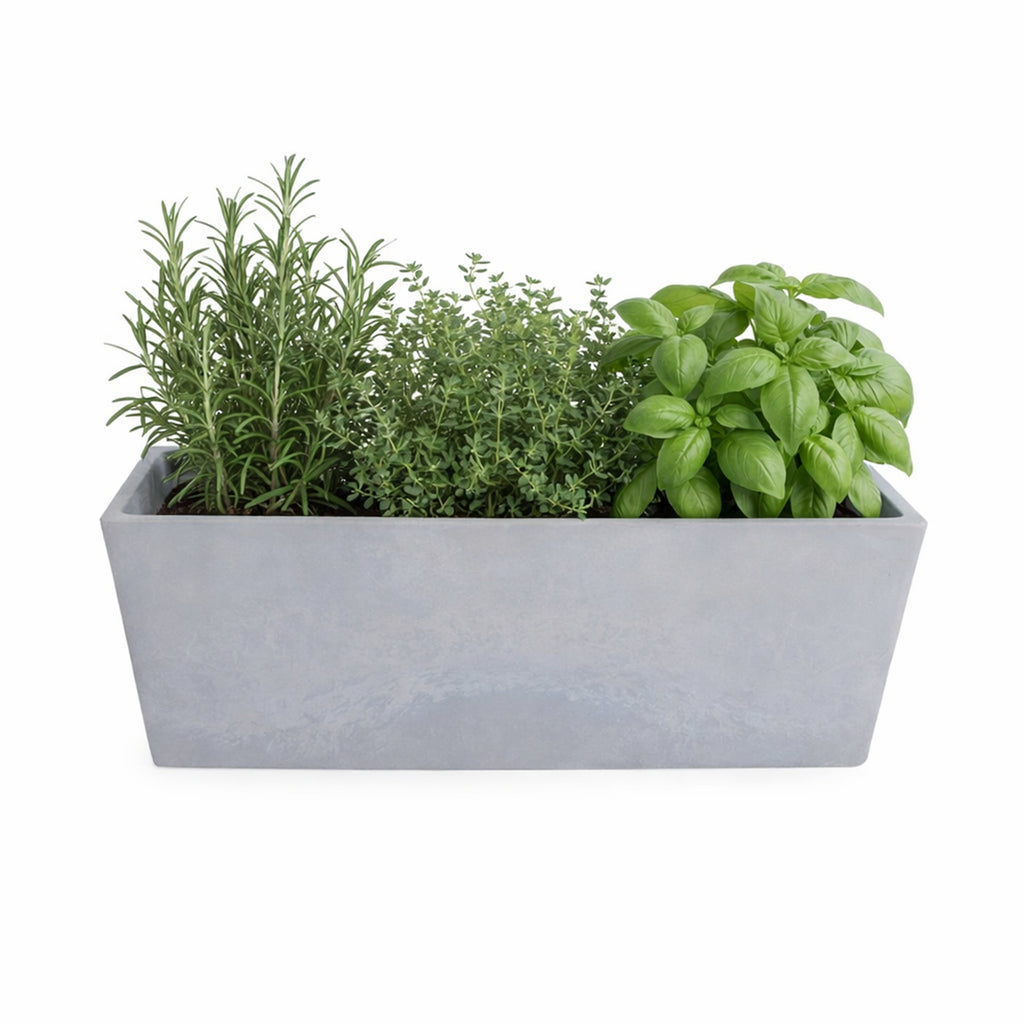 Respect Grey 45cm Green Earth Trough Planter – large grey recycled plastic trough planter for balcony and patio gardens.