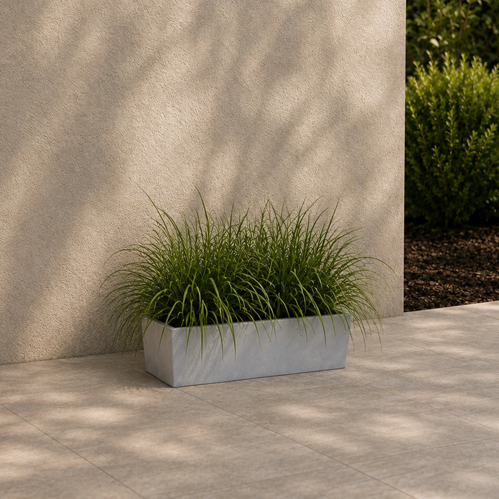 Respect Grey 45cm Green Earth Trough Planter – large grey recycled plastic trough planter for balcony and patio gardens.