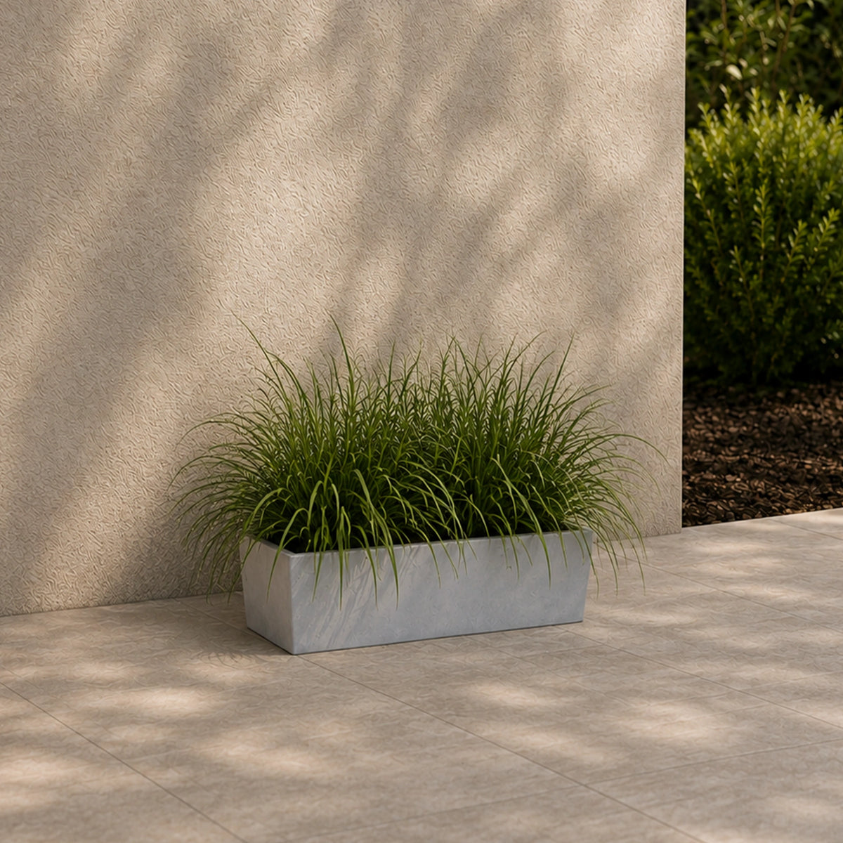 Respect Grey 45cm Green Earth Trough Planter – large grey recycled plastic trough planter for balcony and patio gardens.